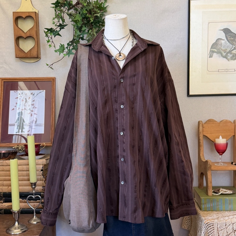 Brown Striped Ribbed Button Up Shirt Oversized Whimsygoth Boho 2X Indie Grunge